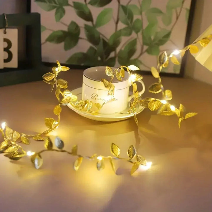 20/50/100LEDs Golden Silver Tiny Leaves Fairy Light Battery Powerd Artificial Plant Garland Vine Lights for Wedding Home Party Hinoki Milano