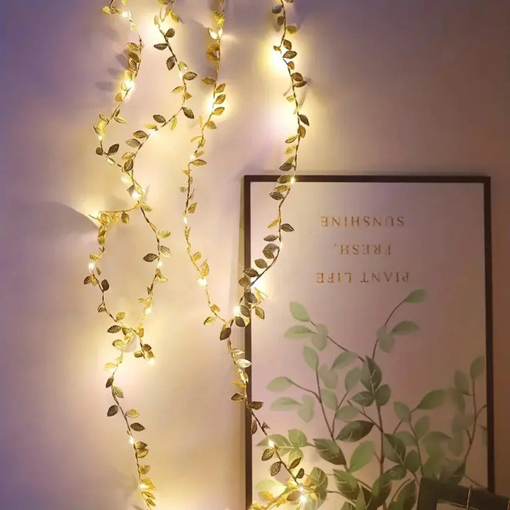 20/50/100LEDs Golden Silver Tiny Leaves Fairy Light Battery Powerd Artificial Plant Garland Vine Lights for Wedding Home Party Hinoki Milano