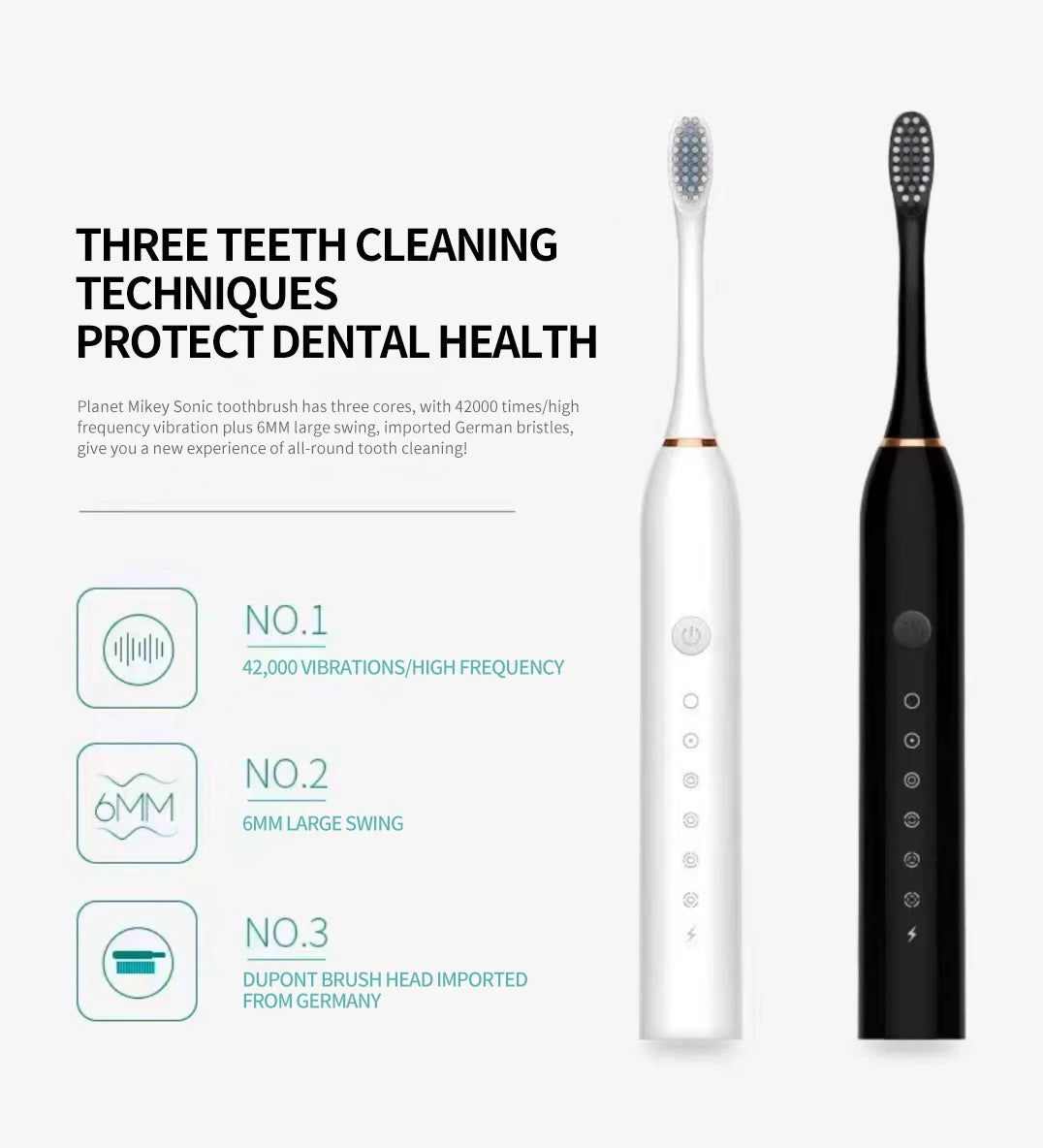 Sonic Electric Toothbrush for Adults IPX7 Waterproof DuPont Brush Head USB Rechargeable High Frequency Cleaning 6 Cleaning Modes Hinoki Milano