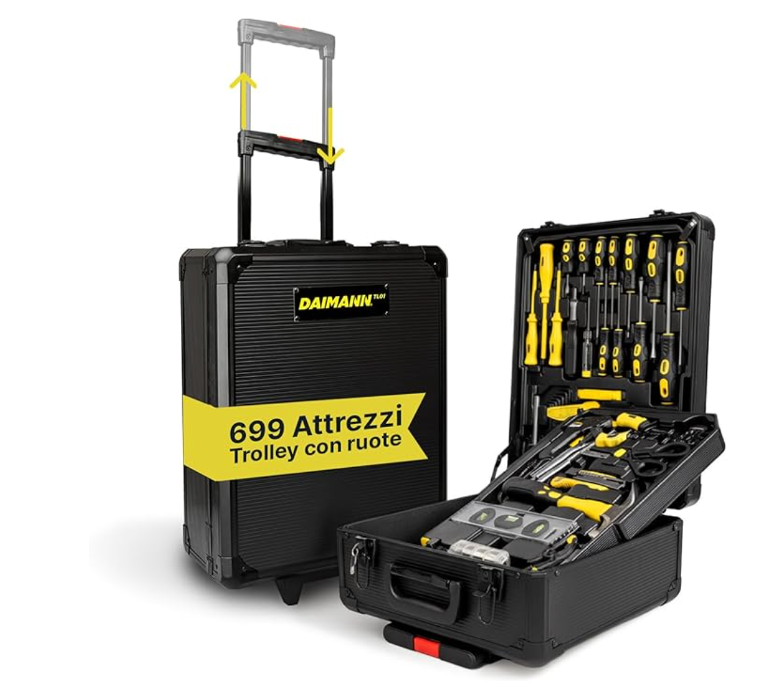 Valigia Attrezzi Completa 699 Pezzi con Ruote – Trolley Professionale con Manico Telescopico, Set Utensili per Casa, Auto e Officina Klondo