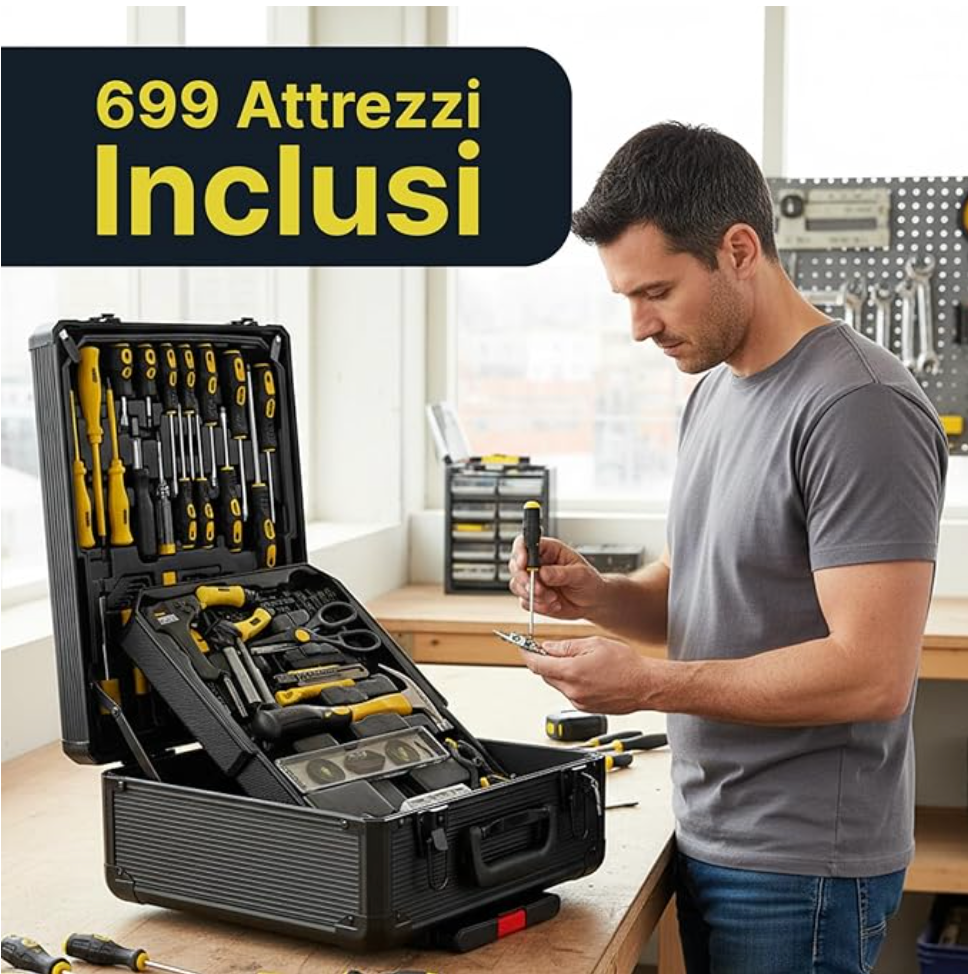 Valigia Attrezzi Completa 699 Pezzi con Ruote – Trolley Professionale con Manico Telescopico, Set Utensili per Casa, Auto e Officina Klondo