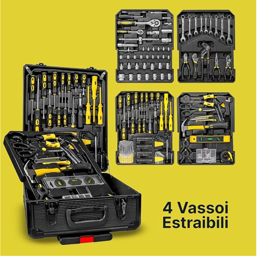 Valigia Attrezzi Completa 699 Pezzi con Ruote – Trolley Professionale con Manico Telescopico, Set Utensili per Casa, Auto e Officina Klondo