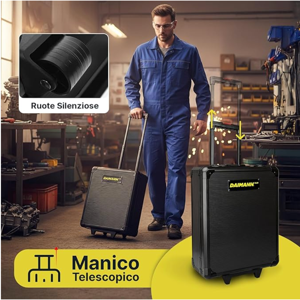 Valigia Attrezzi Completa 699 Pezzi con Ruote – Trolley Professionale con Manico Telescopico, Set Utensili per Casa, Auto e Officina Klondo