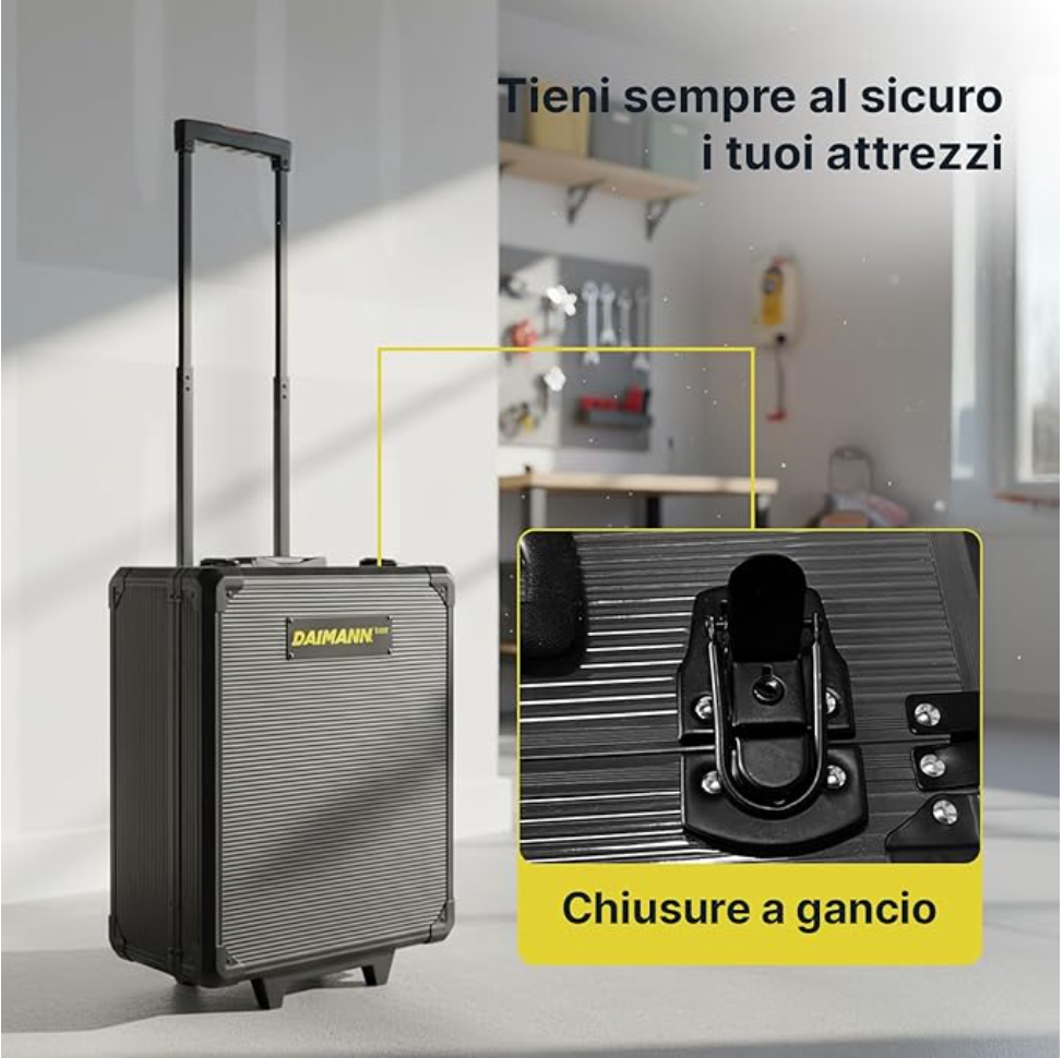 Valigia Attrezzi Completa 699 Pezzi con Ruote – Trolley Professionale con Manico Telescopico, Set Utensili per Casa, Auto e Officina Klondo