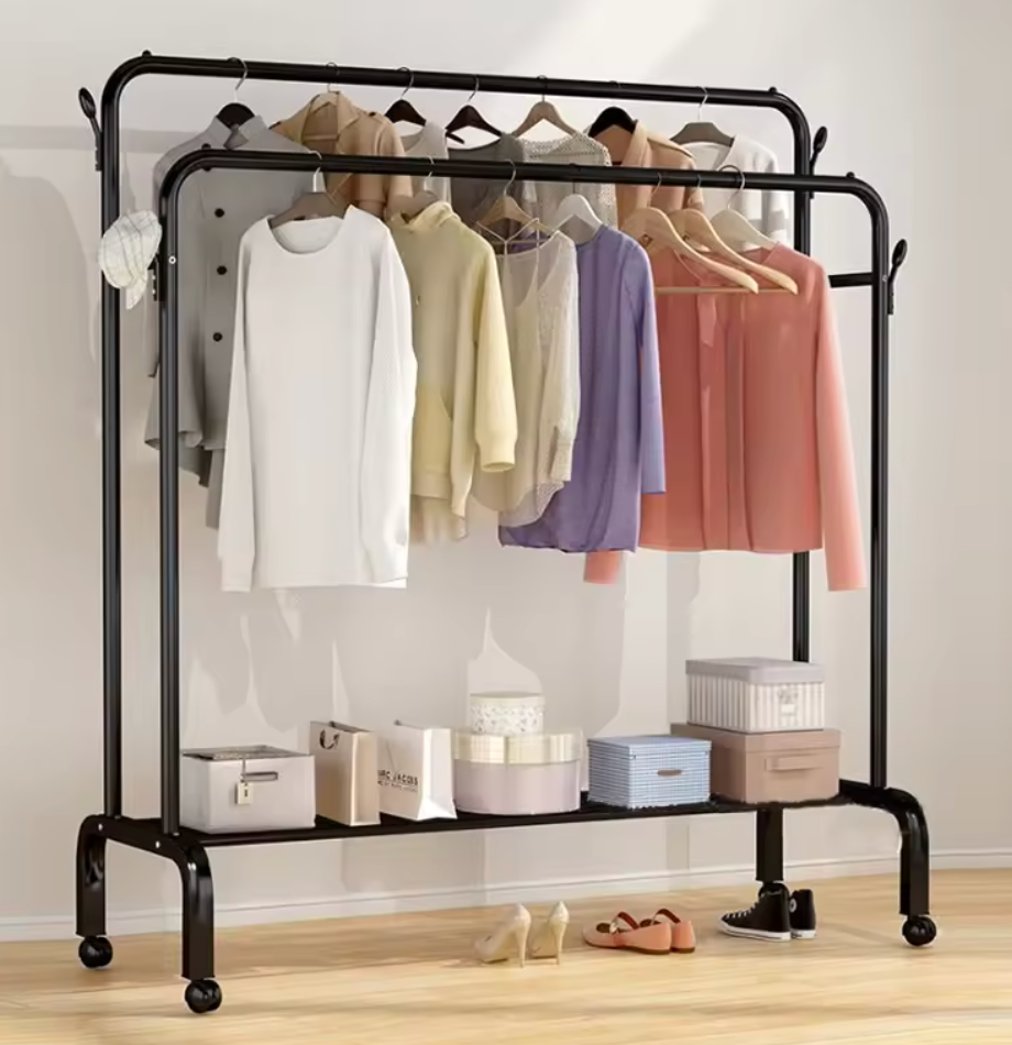 Appendiabiti Doppio con Ruote e Ripiano Scarpe – Stand Porta Abiti in Metallo Resistente fino a 48 kg Klondo