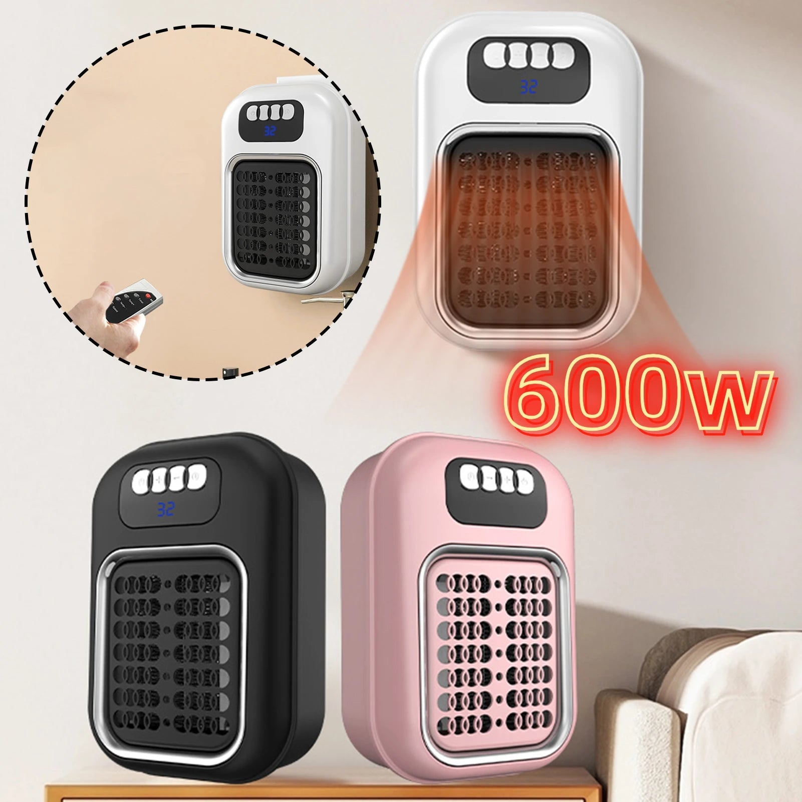 600W Portable Heater Mini Electric Heater Plug in Wall Room Heater Home Appliance Heating Stove Radiator Remote Warmer Machine Hinoki Milano
