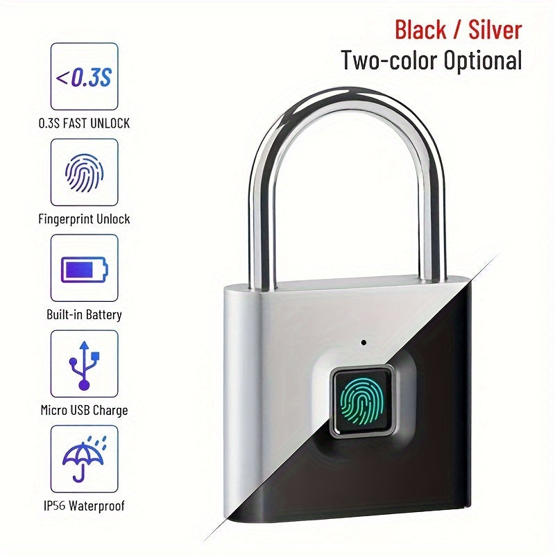 Compact Smart Fingerprint Padlock - Waterproof, Keyless Security, USB Rechargeable, Lightweight Aluminum - Ideal for Luggage, Suitcases & Backpacks Hinoki Milano