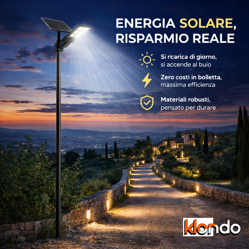 Lampione Solare LED Ultra Potente 800W con Telecomando – Luce Automatica da Esterno IP65 Klondo