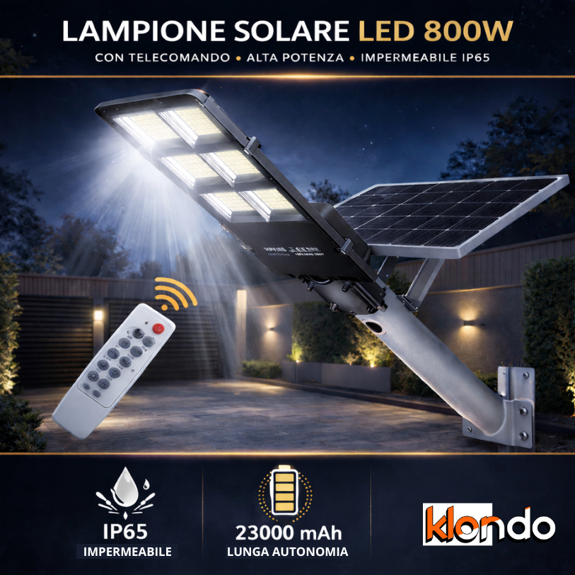 Lampione Solare LED Ultra Potente 800W con Telecomando – Luce Automatica da Esterno IP65 Klondo