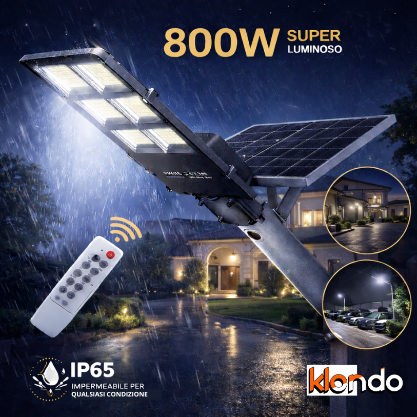 Lampione Solare LED Ultra Potente 800W con Telecomando – Luce Automatica da Esterno IP65 Klondo