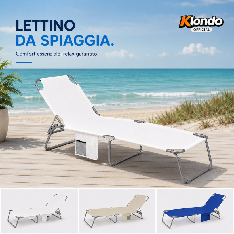Lettino Spiaggia Pieghevole con Schienale Regolabile – Telo in Poliestere e PVC con Tasca Laterale – Struttura in Acciaio – Portatile e Salvaspazio Klondo