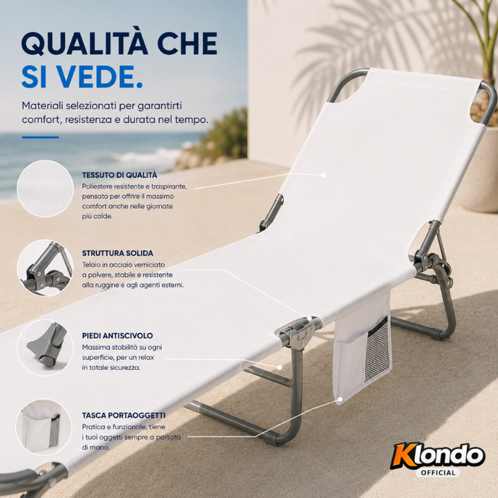 Lettino Spiaggia Pieghevole con Schienale Regolabile – Telo in Poliestere e PVC con Tasca Laterale – Struttura in Acciaio – Portatile e Salvaspazio Klondo