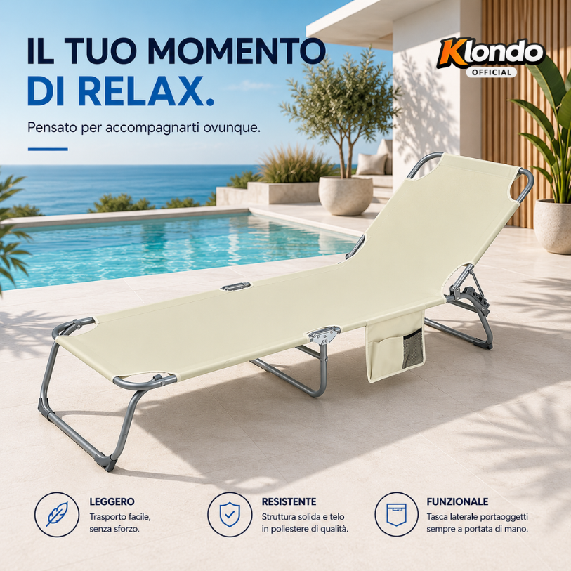 Lettino Spiaggia Pieghevole con Schienale Regolabile – Telo in Poliestere e PVC con Tasca Laterale – Struttura in Acciaio – Portatile e Salvaspazio Klondo