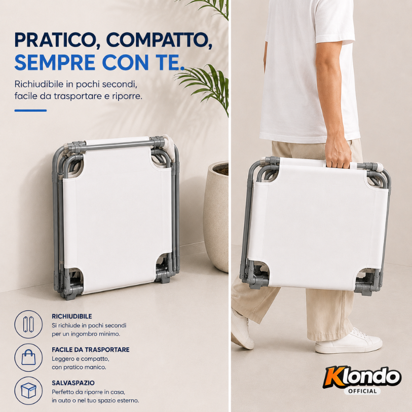 Lettino Spiaggia Pieghevole con Schienale Regolabile – Telo in Poliestere e PVC con Tasca Laterale – Struttura in Acciaio – Portatile e Salvaspazio Klondo