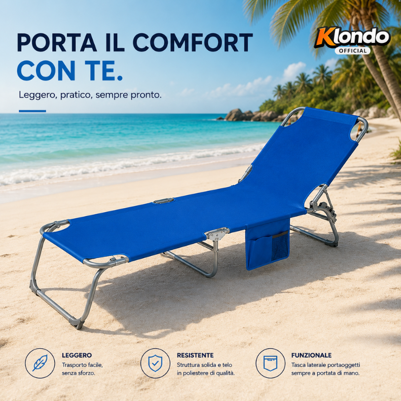 Lettino Spiaggia Pieghevole con Schienale Regolabile – Telo in Poliestere e PVC con Tasca Laterale – Struttura in Acciaio – Portatile e Salvaspazio Klondo