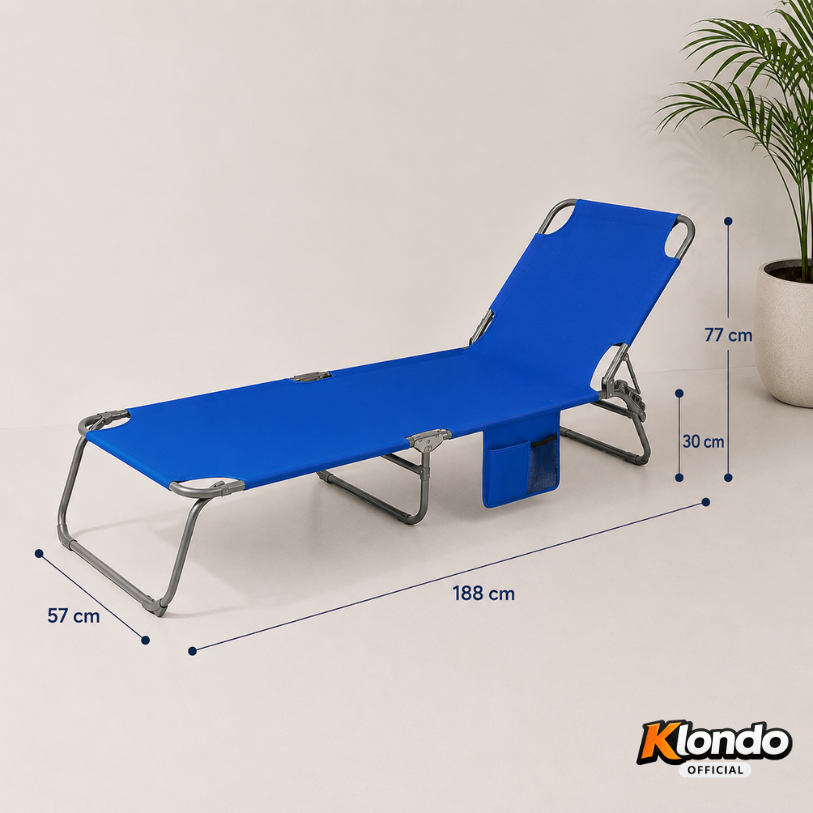 Lettino Spiaggia Pieghevole con Schienale Regolabile – Telo in Poliestere e PVC con Tasca Laterale – Struttura in Acciaio – Portatile e Salvaspazio Klondo