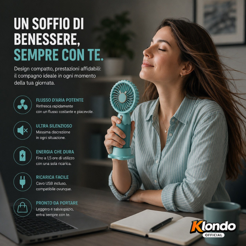 Mini Ventilatore Portatile USB Ricaricabile – Compatto e Silenzioso Klondo