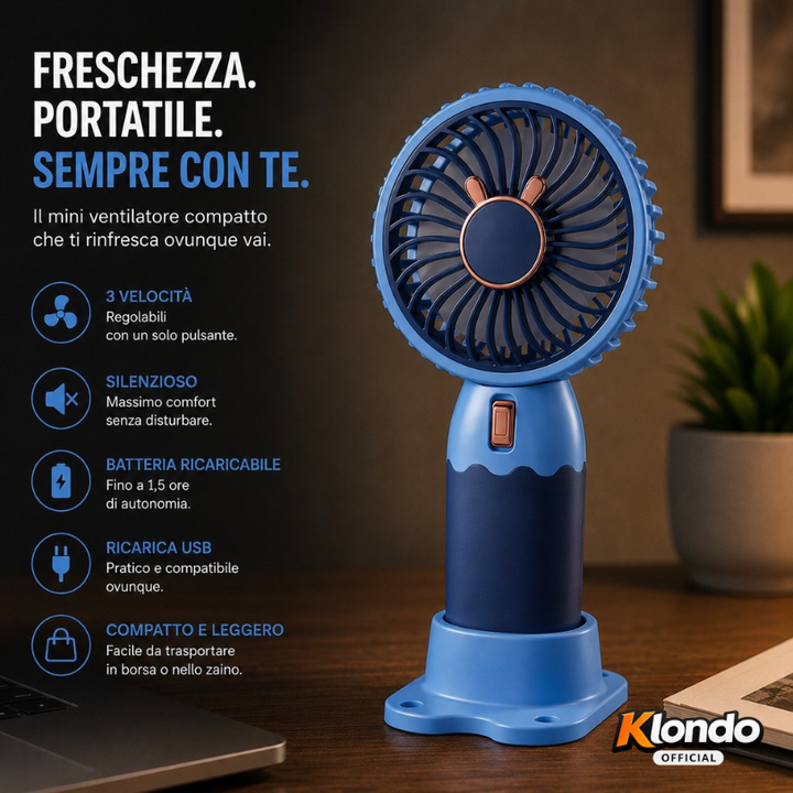 Mini Ventilatore Portatile USB Ricaricabile – Compatto e Silenzioso Klondo