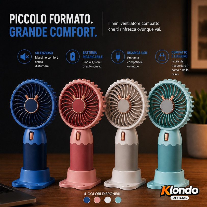 Mini Ventilatore Portatile USB Ricaricabile – Compatto e Silenzioso Klondo