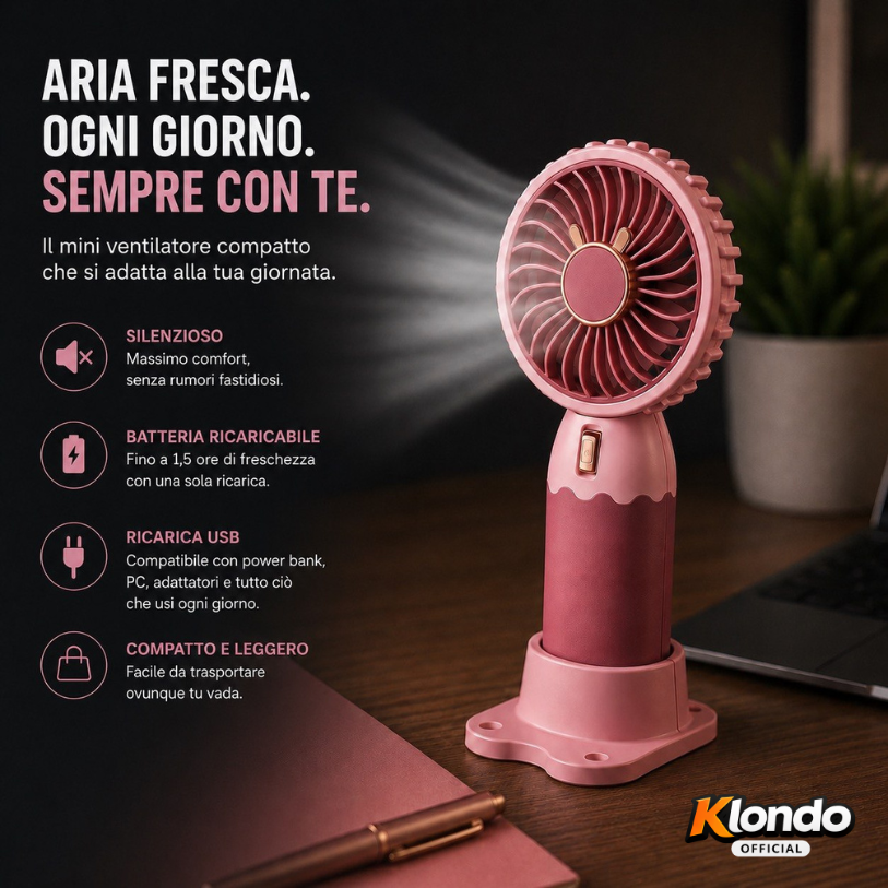 Mini Ventilatore Portatile USB Ricaricabile – Compatto e Silenzioso Klondo