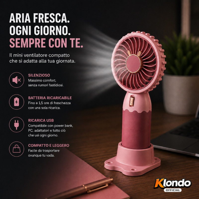 Mini Ventilatore Portatile USB Ricaricabile – Compatto e Silenzioso Klondo