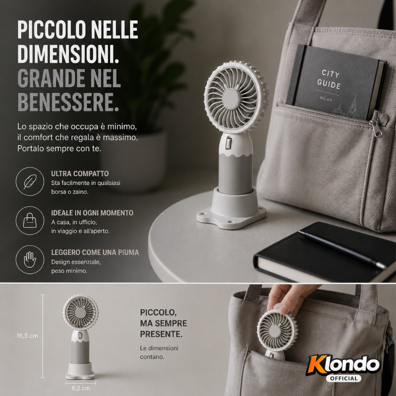 Mini Ventilatore Portatile USB Ricaricabile – Compatto e Silenzioso Klondo