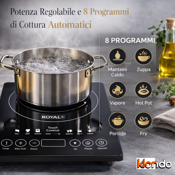 Piastra a Induzione 2500W Royalty Line – Piano Cottura Touch con 8 Funzioni Klondo