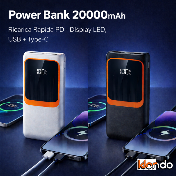 Power Bank 20000mAh Ricarica Rapida PD – Display LED, USB + Type-C, Super Fast Charger Klondo