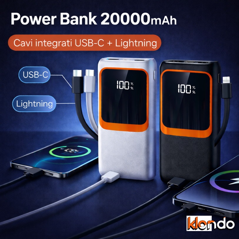 Power Bank 20000mAh Ricarica Rapida PD – Display LED, USB + Type-C, Super Fast Charger Klondo