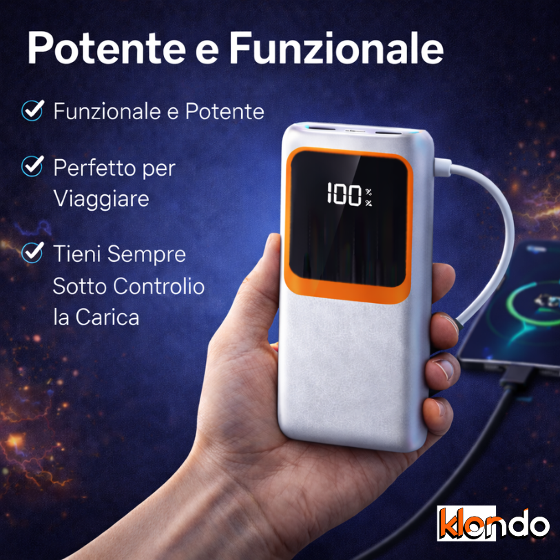 Power Bank 20000mAh Ricarica Rapida PD – Display LED, USB + Type-C, Super Fast Charger Klondo