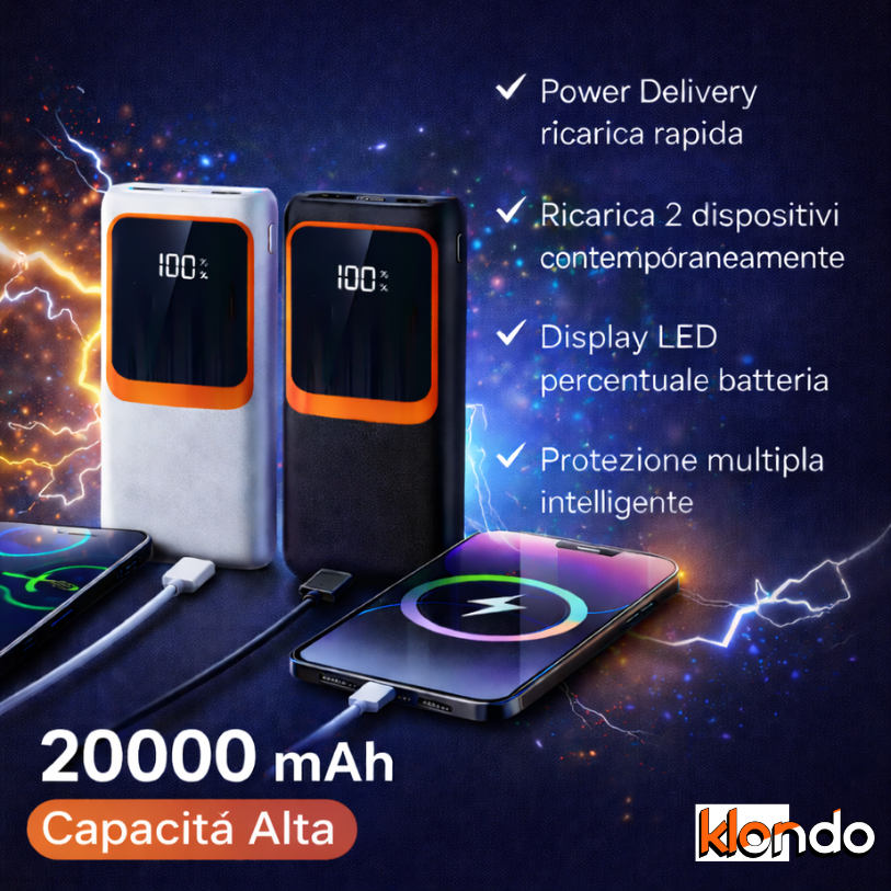 Power Bank 20000mAh Ricarica Rapida PD – Display LED, USB + Type-C, Super Fast Charger Klondo