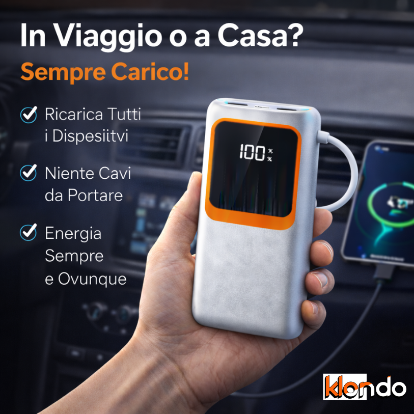 Power Bank 20000mAh Ricarica Rapida PD – Display LED, USB + Type-C, Super Fast Charger Klondo