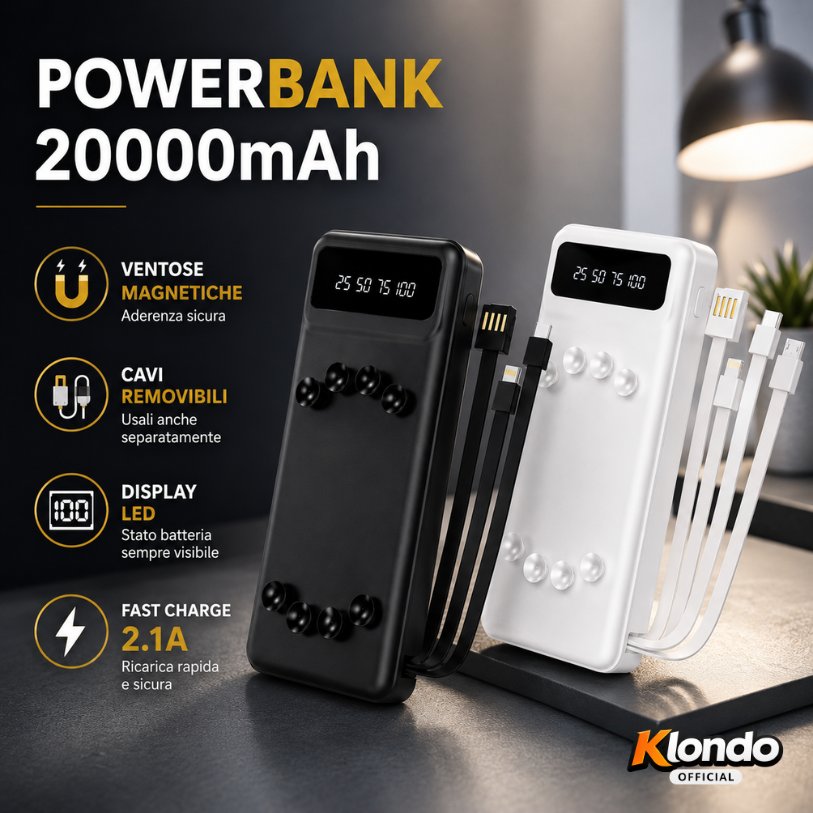Power Bank 20000mAh con Ventose e Cavi Removibili – Caricatore Portatile Fast Charge 2.1A con Display Digitale Klondo