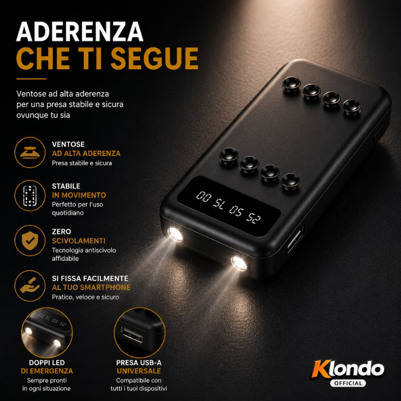 Power Bank 20000mAh con Ventose e Cavi Removibili – Caricatore Portatile Fast Charge 2.1A con Display Digitale Klondo