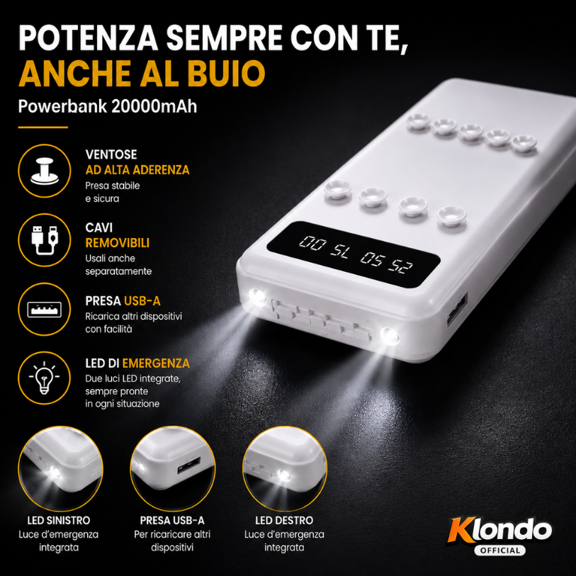 Power Bank 20000mAh con Ventose e Cavi Removibili – Caricatore Portatile Fast Charge 2.1A con Display Digitale Klondo