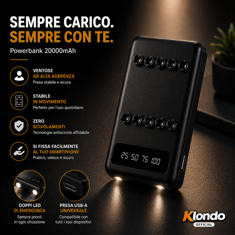 Power Bank 20000mAh con Ventose e Cavi Removibili – Caricatore Portatile Fast Charge 2.1A con Display Digitale Klondo