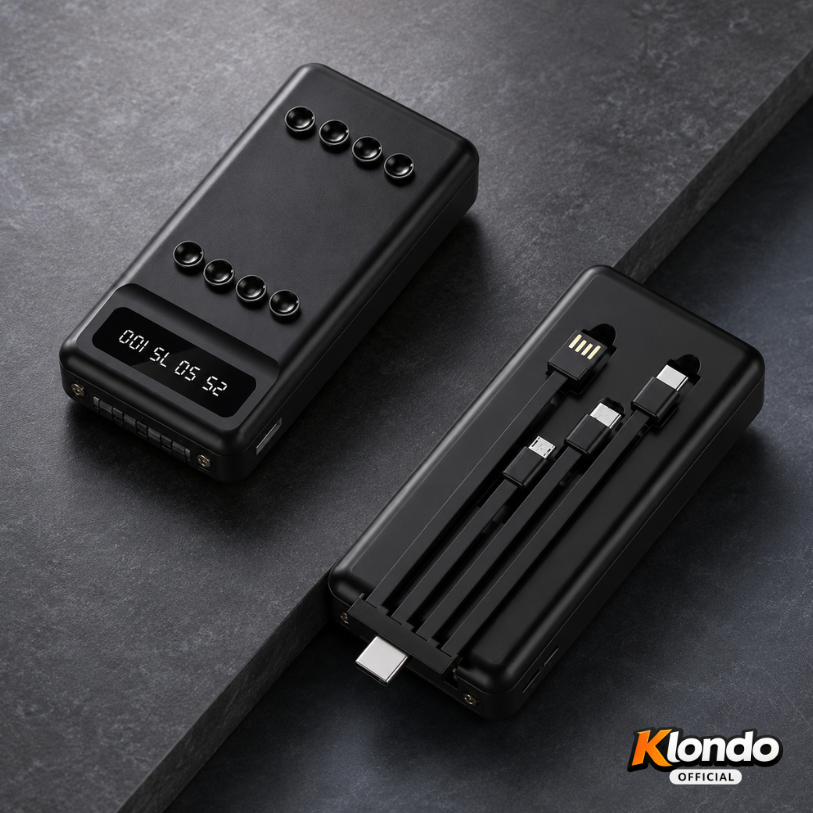 Power Bank 20000mAh con Ventose e Cavi Removibili – Caricatore Portatile Fast Charge 2.1A con Display Digitale Klondo