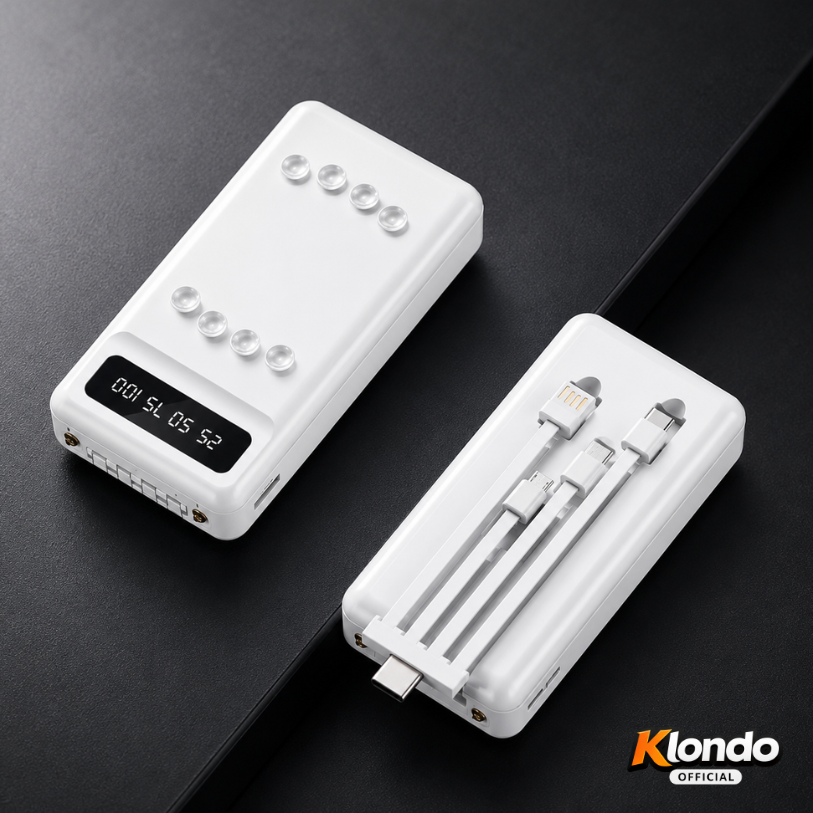 Power Bank 20000mAh con Ventose e Cavi Removibili – Caricatore Portatile Fast Charge 2.1A con Display Digitale Klondo