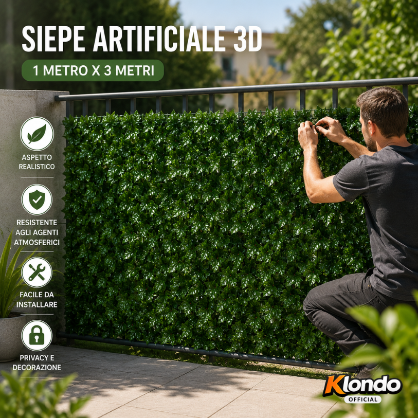 Siepe Artificiale 3D Effetto Realistico 1x3 Metri – Privacy e Design per Esterni e Interni Klondo
