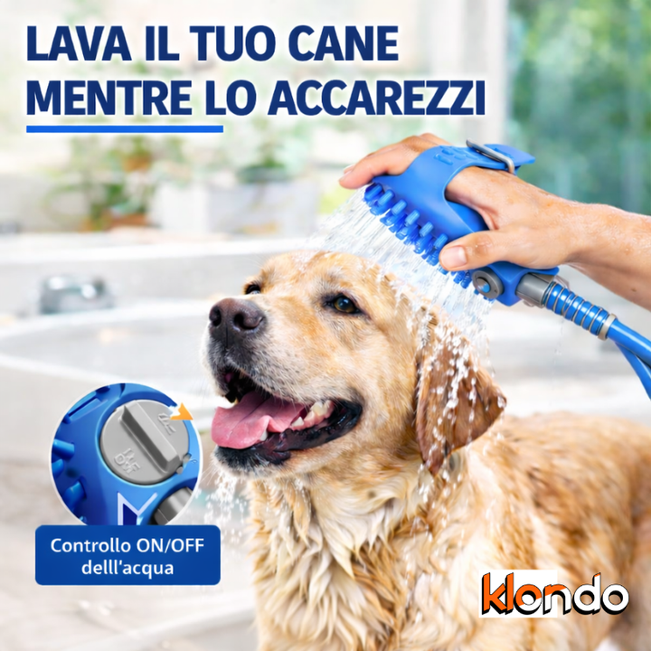 Spazzola Doccia per Cani e Gatti da Indossare con Tubo – Lava e Massaggia con Controllo Acqua Klondo