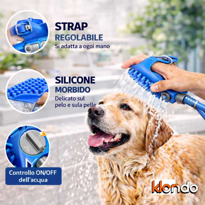 Spazzola Doccia per Cani e Gatti da Indossare con Tubo – Lava e Massaggia con Controllo Acqua Klondo