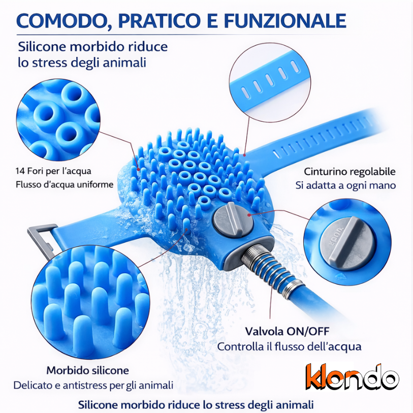 Spazzola Doccia per Cani e Gatti da Indossare con Tubo – Lava e Massaggia con Controllo Acqua Klondo