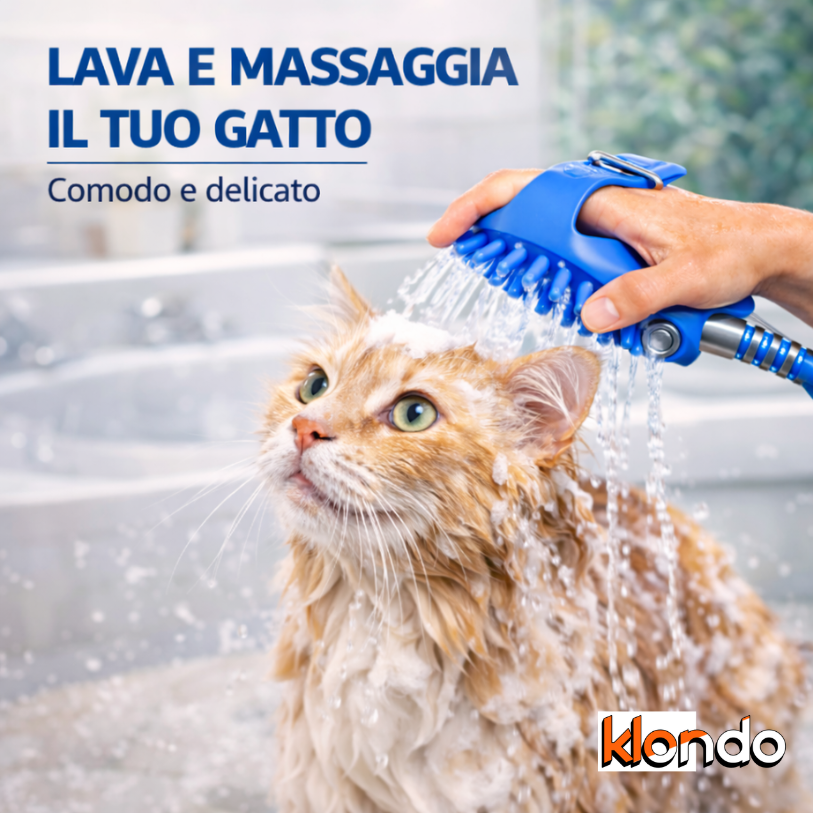 Spazzola Doccia per Cani e Gatti da Indossare con Tubo – Lava e Massaggia con Controllo Acqua Klondo