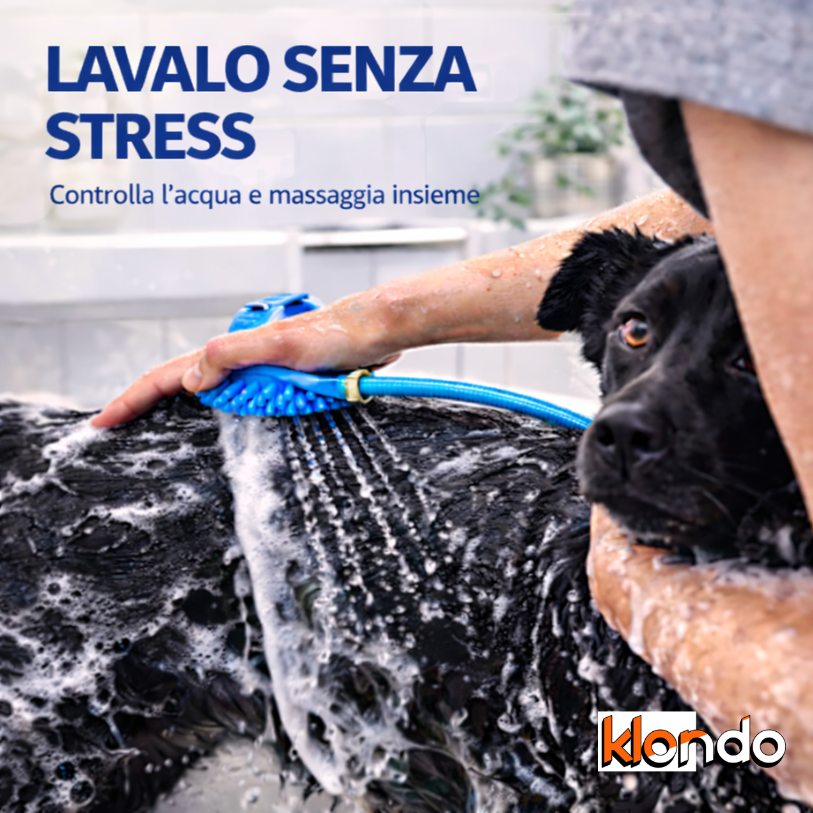 Spazzola Doccia per Cani e Gatti da Indossare con Tubo – Lava e Massaggia con Controllo Acqua Klondo