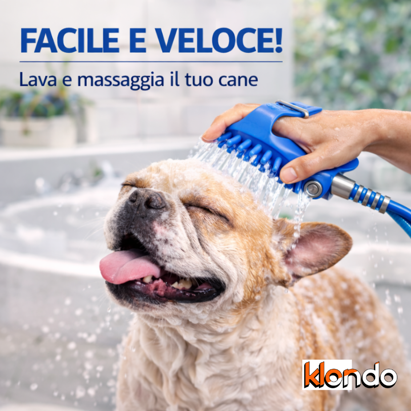 Spazzola Doccia per Cani e Gatti da Indossare con Tubo – Lava e Massaggia con Controllo Acqua Klondo