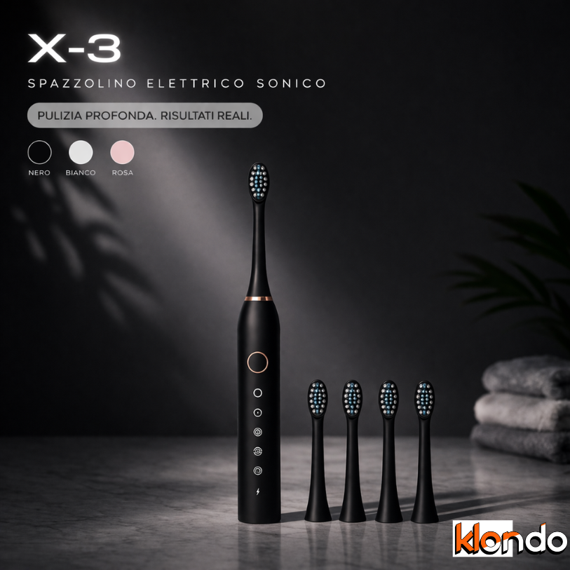 Spazzolino Elettrico Sonico X-3 con 4 Testine – 6 Modalità, Ricarica Rapida e Waterproof Klondo