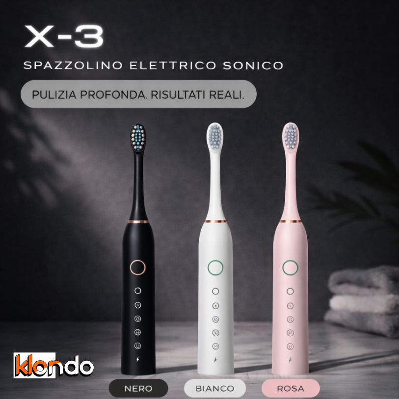 Spazzolino Elettrico Sonico X-3 con 4 Testine – 6 Modalità, Ricarica Rapida e Waterproof Klondo