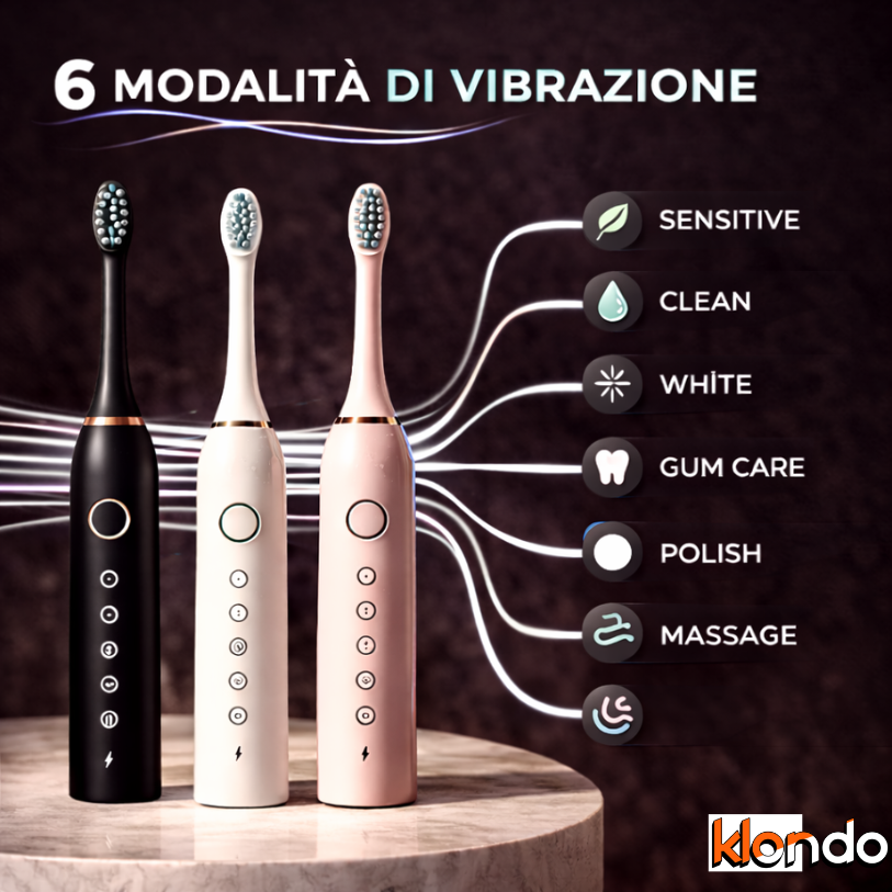 Spazzolino Elettrico Sonico X-3 con 4 Testine – 6 Modalità, Ricarica Rapida e Waterproof Klondo