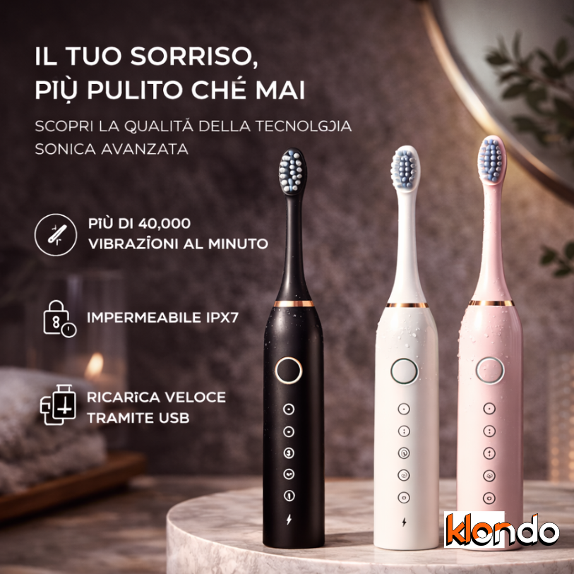 Spazzolino Elettrico Sonico X-3 con 4 Testine – 6 Modalità, Ricarica Rapida e Waterproof Klondo