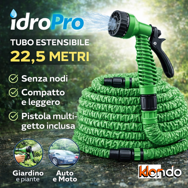IdroPro – Tubo Estensibile 22,5m con Pistola 6 Getti | Senza Nodi, Super Compatto e Resistente Klondo
